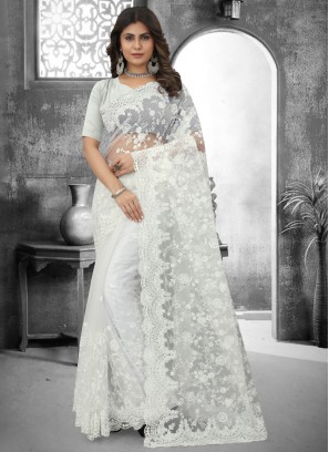 Vivacious White Embroidered Saree