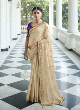 Vivid Embroidered Chiffon Satin Cream Classic Saree