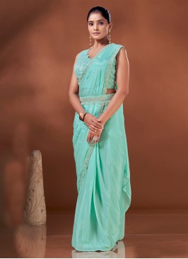 Vivid Embroidered Chinon Aqua Blue Trendy Saree