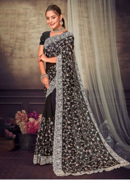 Vivid Georgette Black Embroidered Trendy Saree