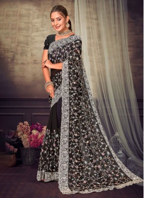 Vivid Georgette Black Embroidered Trendy Saree