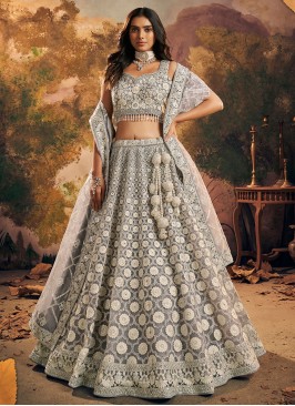 Vivid Handwork Grey Net Readymade Lehenga Choli