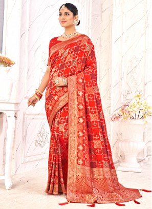 Vivid Orange Jacquard Work Silk Contemporary Saree
