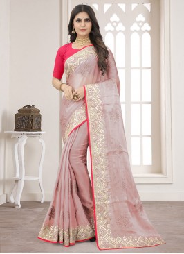 Vivid Organza Peach Embroidered Trendy Saree