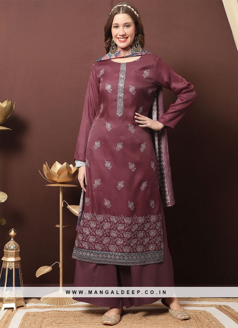 Vivid Silk Maroon Embroidered Salwar Suit