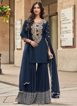 Vivid Silk Thread Navy Blue Trendy Salwar Kameez