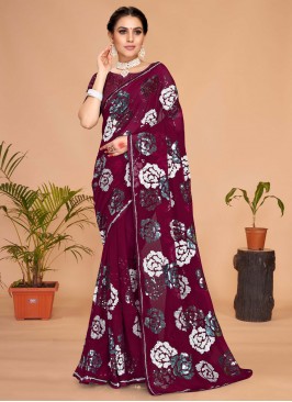 Vivid Wine Embroidered Georgette Trendy Saree