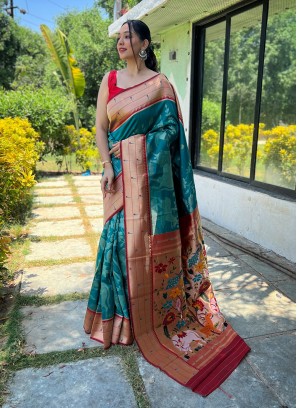 Vivid Woven Teal Designer Contemporary Saree