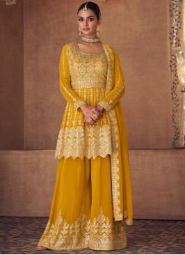 Vivid Yellow Chinon Palazzo Salwar Suit