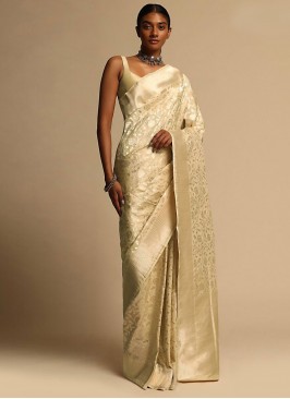 Voguish Art Banarasi Silk Woven Cream Trendy Saree