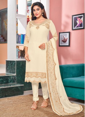 Voguish Embroidered Faux Georgette Churidar Salwar Suit