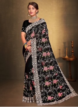 Voguish Georgette Black Embroidered Classic Saree