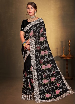 Voguish Georgette Black Embroidered Classic Saree