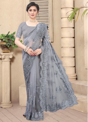 Voguish Grey Resham Net Bollywood Saree