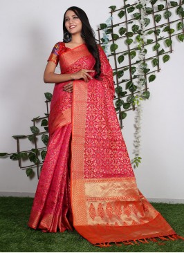 Voguish Pure Silk Pink Weaving Trendy Saree