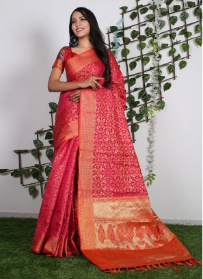 Voguish Pure Silk Pink Weaving Trendy Saree
