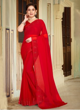 Voguish Stone Work Red Contemporary Saree