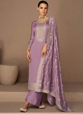 Voluptuous Embroidered Lavender Silk Designer Salwar Kameez
