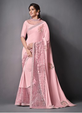 Voluptuous Embroidered Lycra Pink Trendy Saree