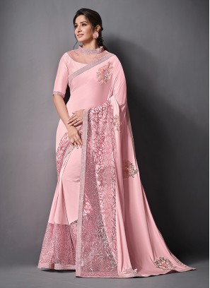 Voluptuous Embroidered Lycra Pink Trendy Saree
