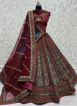 Voluptuous Maroon Dori Work Velvet Trendy Lehenga 