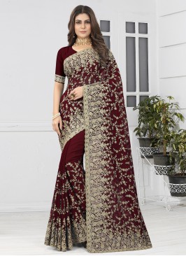 Voluptuous Maroon Georgette Classic Designer Saree