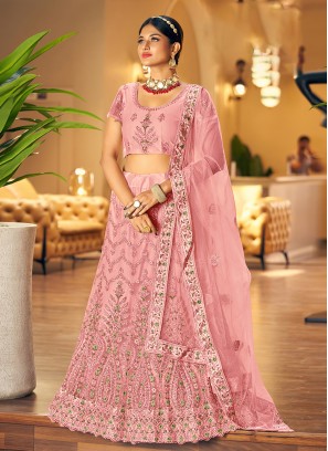 Voluptuous Net Resham Pink Designer Lehenga Choli