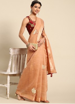 Voluptuous Peach Poly Cotton Trendy Saree