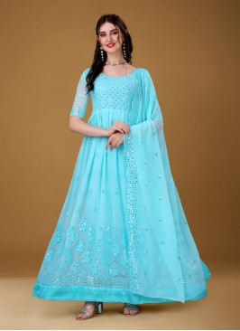 Voluptuous Sequins Aqua Blue Faux Georgette Trendy Gown