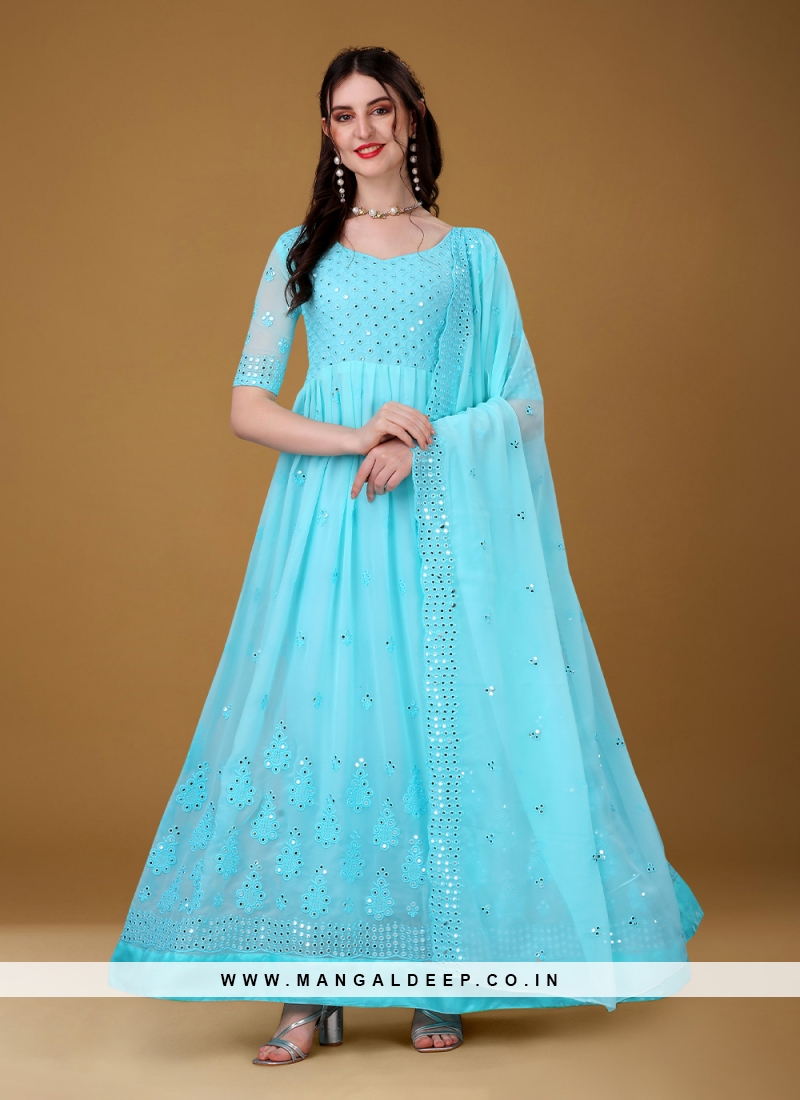 Voluptuous Sequins Aqua Blue Faux Georgette Trendy Gown