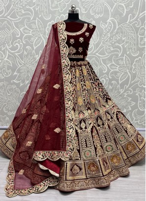 Voluptuous Velvet Embroidered Maroon Trendy Long Choli Lehenga