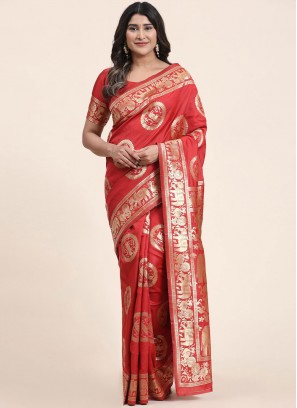 Weaving Art Banarasi Silk Trendy Saree in Red