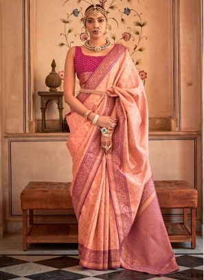 Weaving Banarasi Silk Contemporary Style Saree in Peach