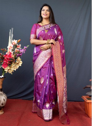 Weaving Banarasi Silk Designer Contemporary Style Saree in Purple
