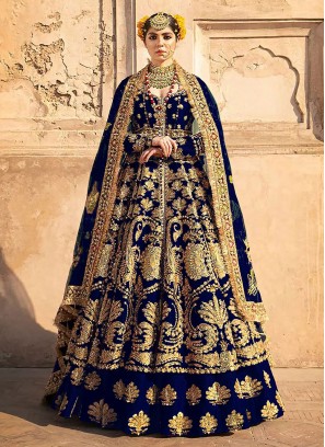 Weaving Banglori Silk Lehenga Choli in Navy Blue