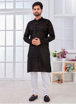 Weaving Cotton Kurta Pyjama in Black