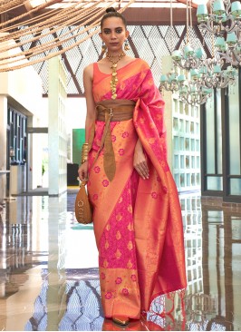 Weaving Handloom silk Trendy Saree in Orange and Rani