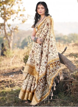 Weaving Jacquard Contemporary Style Saree in Off White