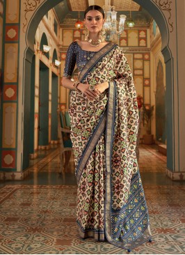 Weaving Patola Silk  Saree in Blue and Cream