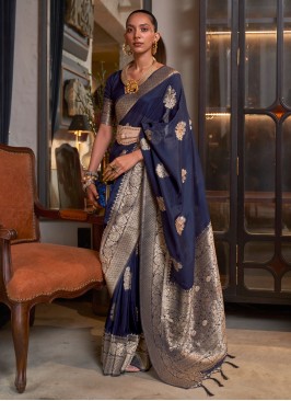 Weaving Pure Georgette Contemporary Style Saree in Navy Blue