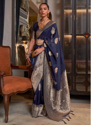 Weaving Pure Georgette Contemporary Style Saree in Navy Blue