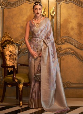 Weaving Satin Classic Saree in Aqua Blue and Grey