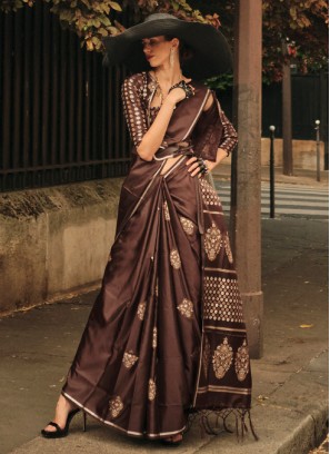 Weaving Satin Classic Saree in Brown