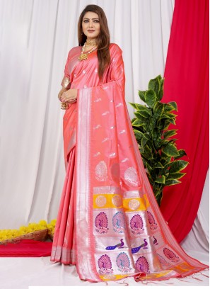Weaving Silk Contemporary Saree in Peach