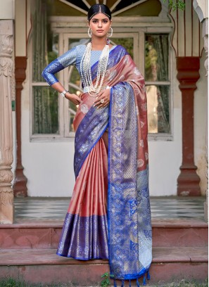Weaving Tissue Saree in Blue and Peach