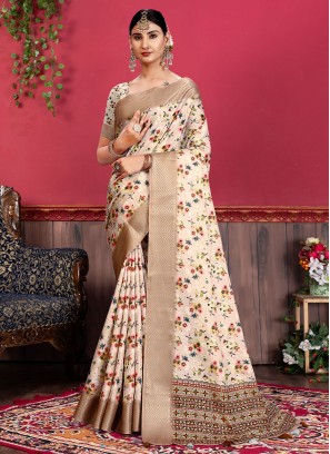 Weaving Tussar Silk Trendy Saree in Cream