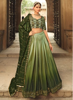 Wedding Function War Green Color Silk Embroidered Lehenga Choli