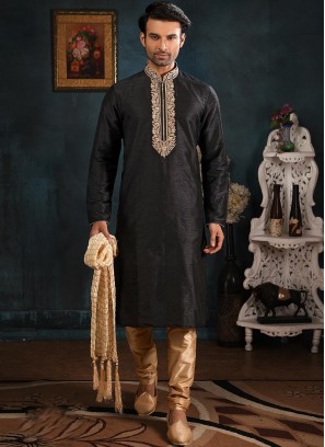 Wedding Function Wear Black Color Embroidered Kurta Pajama