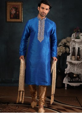 Wedding Function Wear Blue Color Embroidered Kurta Pajama