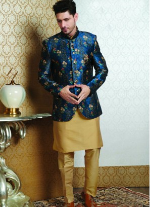 Wedding Function Wear Blue Color Jodhpuri Kurta Pajama